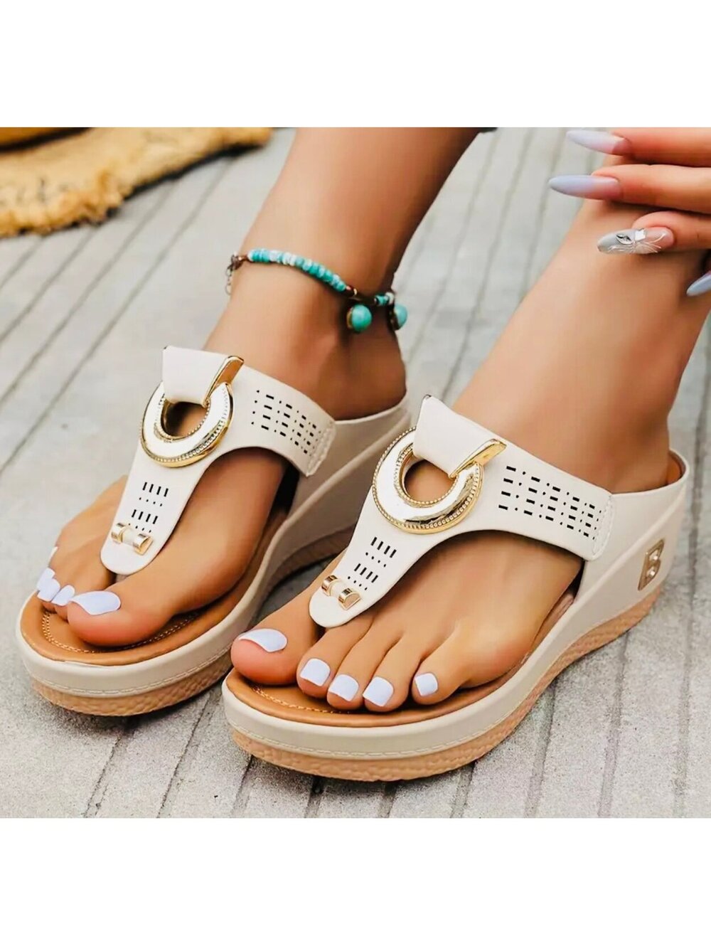 New -Retro -Faux Leather Wedge Sandals w/Buckle Design -Beige -Size 8